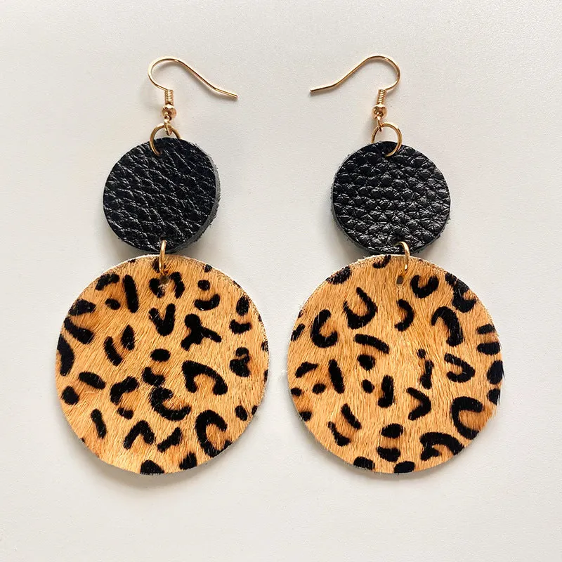 Wholesale 2pcs Cow Grain Leather Top Layer Cowhide Round Water Droplet Cow Head Retro Horsehair Quality Texture Fashionable Earrings