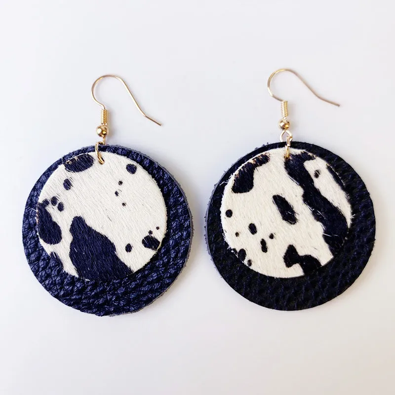 Wholesale 2pcs Cow Grain Leather Top Layer Cowhide Round Water Droplet Cow Head Retro Horsehair Quality Texture Fashionable Earrings