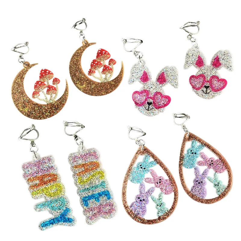 Wholesale 2pcs Easter Children Little Girl Rabbit Text Mushroom Element Shiny Earrings