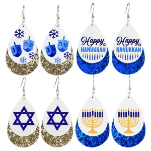 Wholesale 2pcs Hanukkah Festive Atmosphere Double Leather Shiny Menorah Happy Hanukkah Earrings