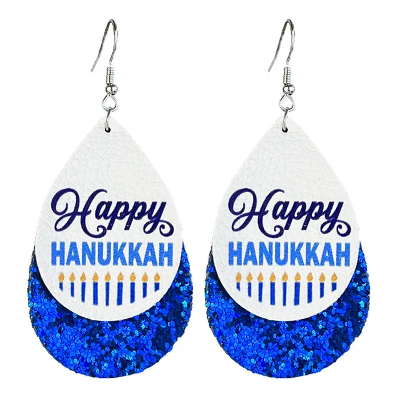 Wholesale 2pcs Hanukkah Festive Atmosphere Double Leather Shiny Menorah Happy Hanukkah Earrings