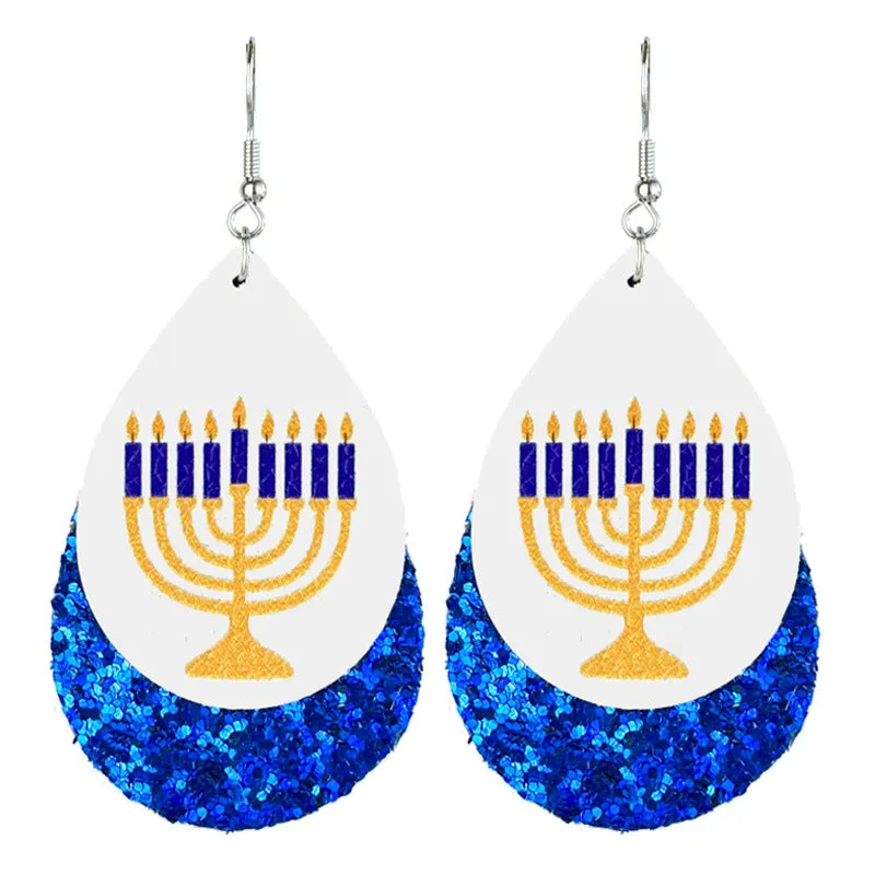 Wholesale 2pcs Hanukkah Festive Atmosphere Double Leather Shiny Menorah Happy Hanukkah Earrings