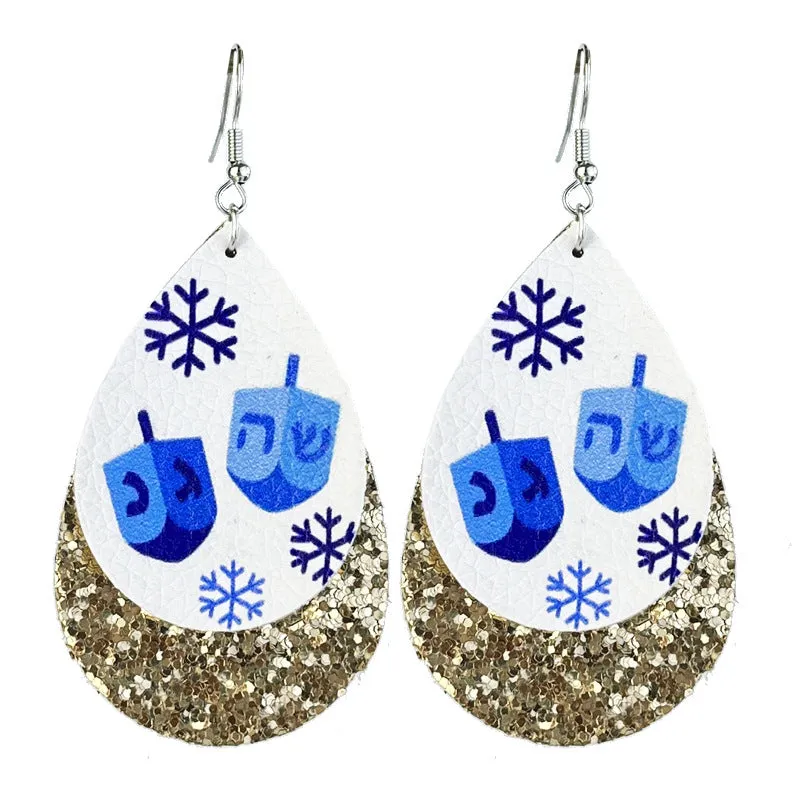 Wholesale 2pcs Hanukkah Festive Atmosphere Double Leather Shiny Menorah Happy Hanukkah Earrings