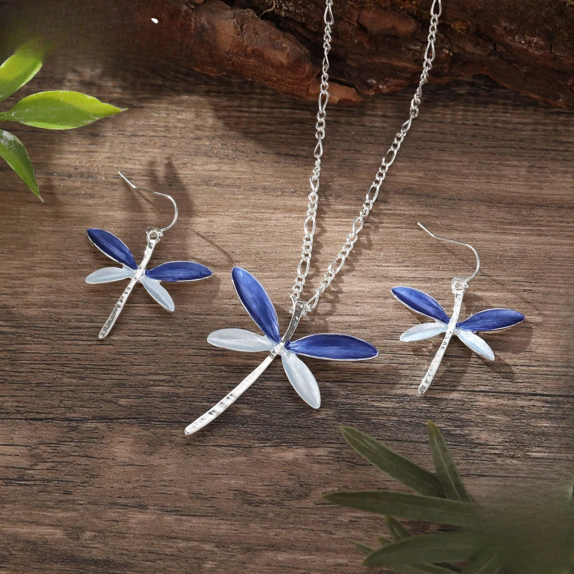 Wholesale 2pcs New Colorful Painting Oil Dragonfly Stud Earring Pendant Beautiful and Versatile Necklace Set