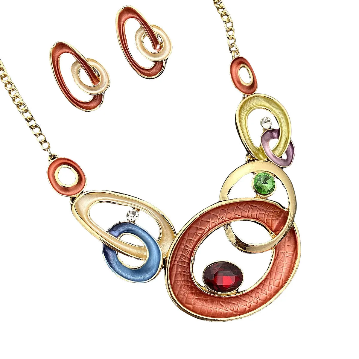 Wholesale 2pcs Popular Color Painting Oil Geometric Hollow Round Stud Earring Necklace Set
