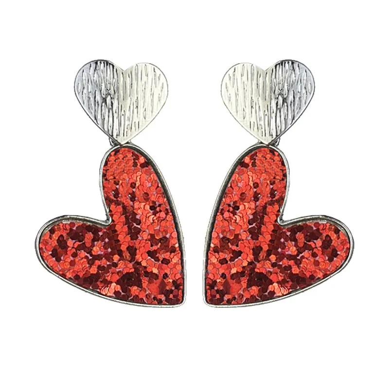 Wholesale 2pcs Valentine's Day Double Heart Symmetrical Multicolor Shiny Atmosphere Leather Metal Earrings