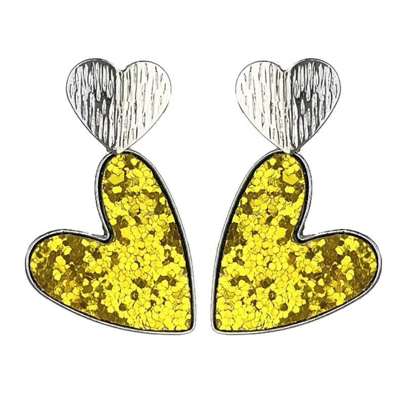 Wholesale 2pcs Valentine's Day Double Heart Symmetrical Multicolor Shiny Atmosphere Leather Metal Earrings