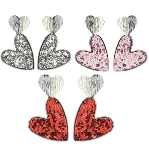 Wholesale 2pcs Valentine's Day Double Heart Symmetrical Multicolor Shiny Atmosphere Leather Metal Earrings