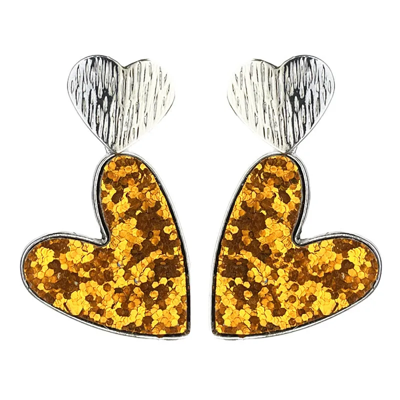 Wholesale 2pcs Valentine's Day Double Heart Symmetrical Multicolor Shiny Atmosphere Leather Metal Earrings