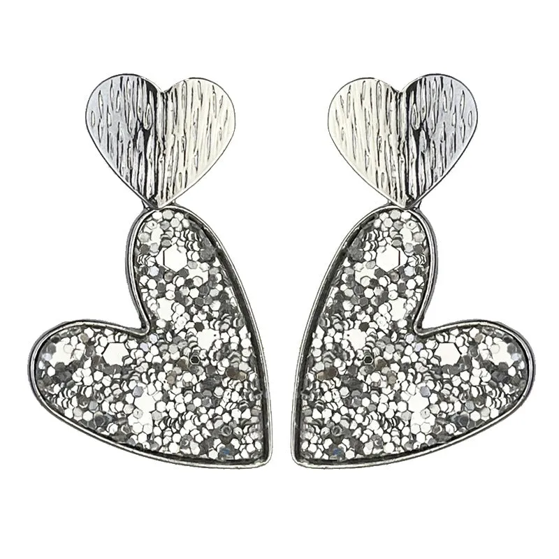 Wholesale 2pcs Valentine's Day Double Heart Symmetrical Multicolor Shiny Atmosphere Leather Metal Earrings