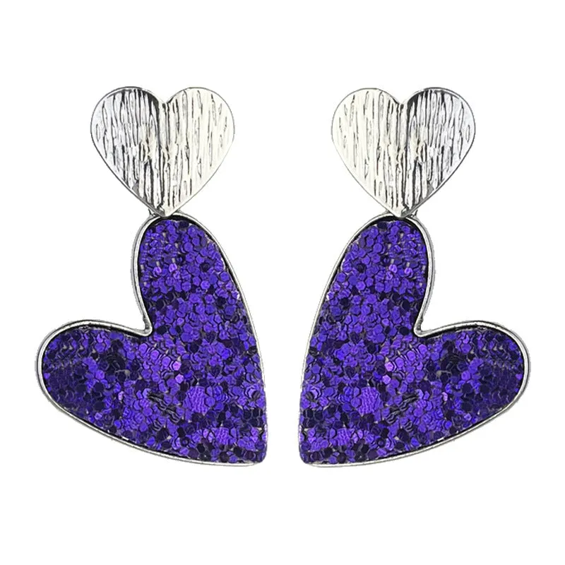 Wholesale 2pcs Valentine's Day Double Heart Symmetrical Multicolor Shiny Atmosphere Leather Metal Earrings