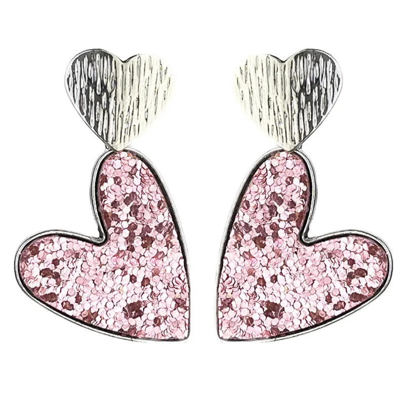 Wholesale 2pcs Valentine's Day Double Heart Symmetrical Multicolor Shiny Atmosphere Leather Metal Earrings