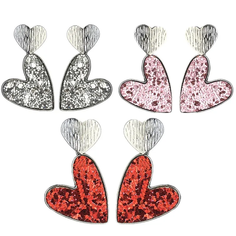 Wholesale 2pcs Valentine's Day Double Heart Symmetrical Multicolor Shiny Atmosphere Leather Metal Earrings