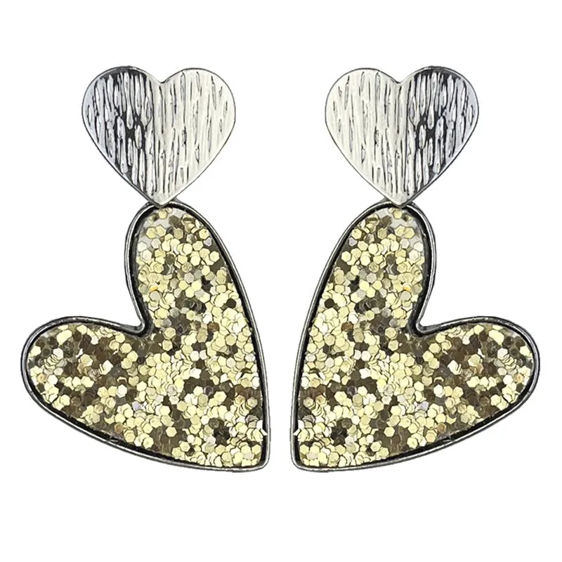 Wholesale 2pcs Valentine's Day Double Heart Symmetrical Multicolor Shiny Atmosphere Leather Metal Earrings