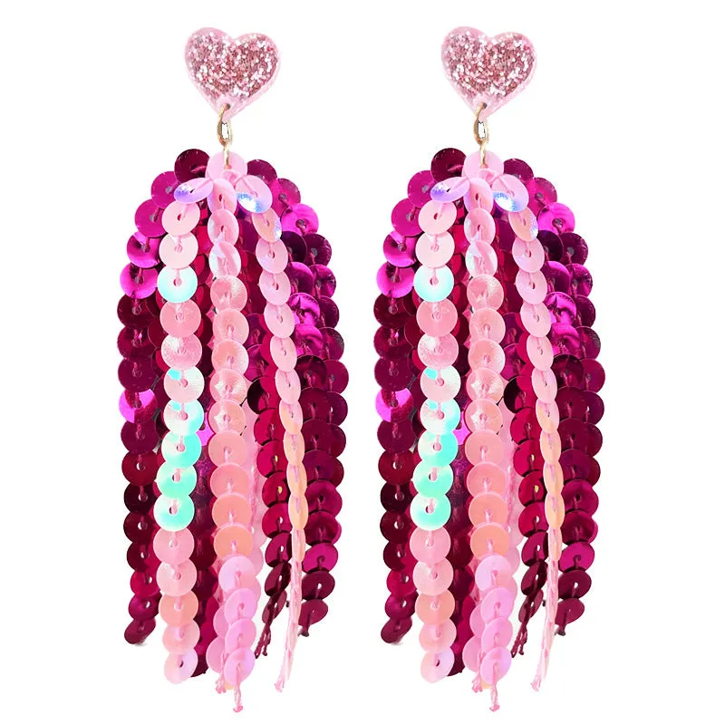 Wholesale 2pcs Valentine's Day Glitter Pink Atmosphere Love Shiny Tassel Temperament Color Matching Fashion Earrings
