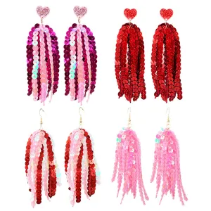 Wholesale 2pcs Valentine's Day Glitter Pink Atmosphere Love Shiny Tassel Temperament Color Matching Fashion Earrings