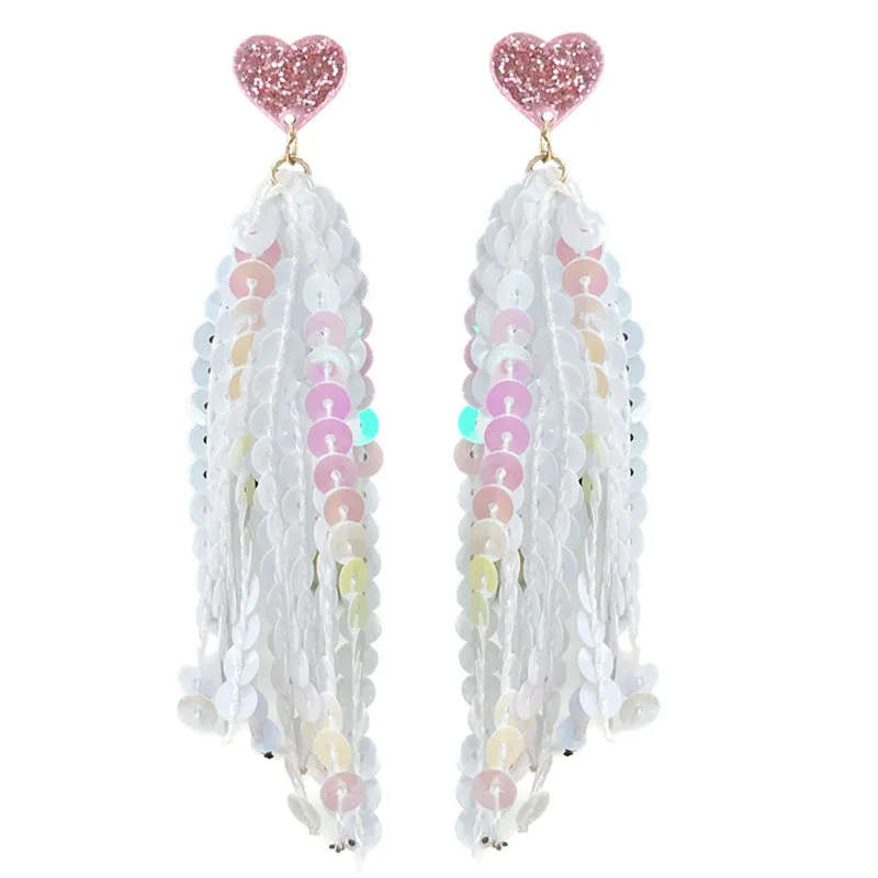 Wholesale 2pcs Valentine's Day Glitter Pink Atmosphere Love Shiny Tassel Temperament Color Matching Fashion Earrings