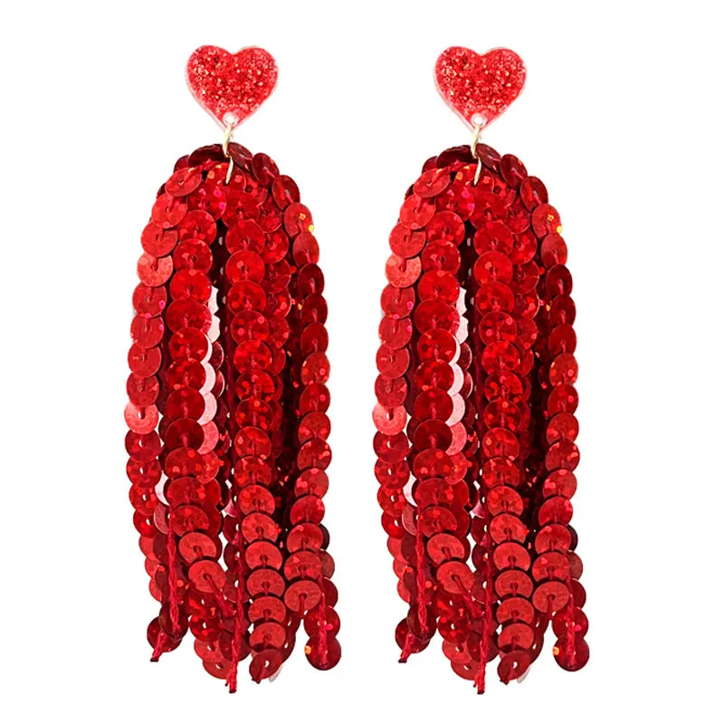 Wholesale 2pcs Valentine's Day Glitter Pink Atmosphere Love Shiny Tassel Temperament Color Matching Fashion Earrings