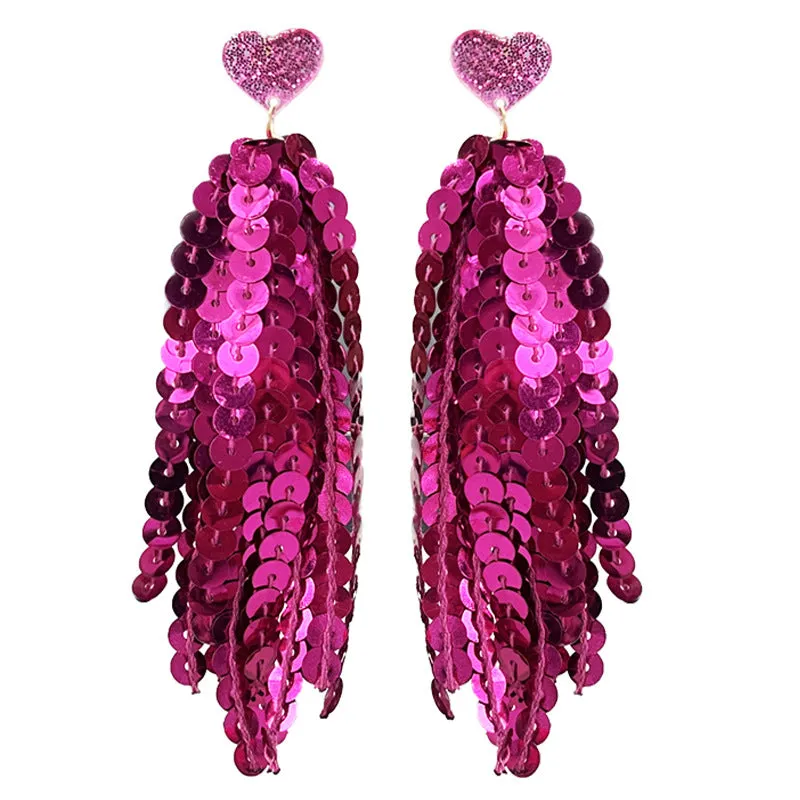 Wholesale 2pcs Valentine's Day Glitter Pink Atmosphere Love Shiny Tassel Temperament Color Matching Fashion Earrings
