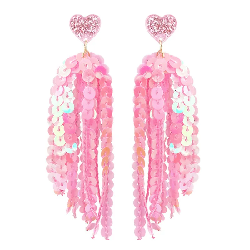 Wholesale 2pcs Valentine's Day Glitter Pink Atmosphere Love Shiny Tassel Temperament Color Matching Fashion Earrings