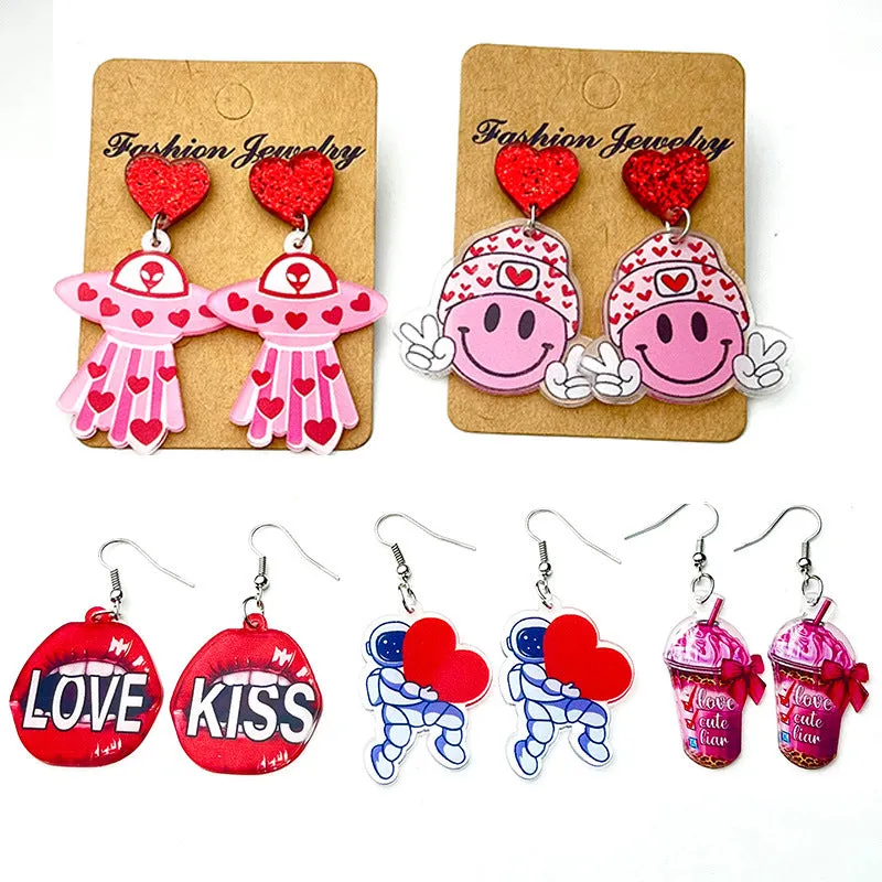 Wholesale 2pcs Valentine's Day Shiny Fun Retro Smiley Astronaut Spaceship Love Bow Earrings
