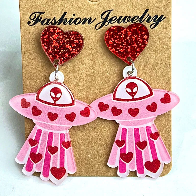 Wholesale 2pcs Valentine's Day Shiny Fun Retro Smiley Astronaut Spaceship Love Bow Earrings