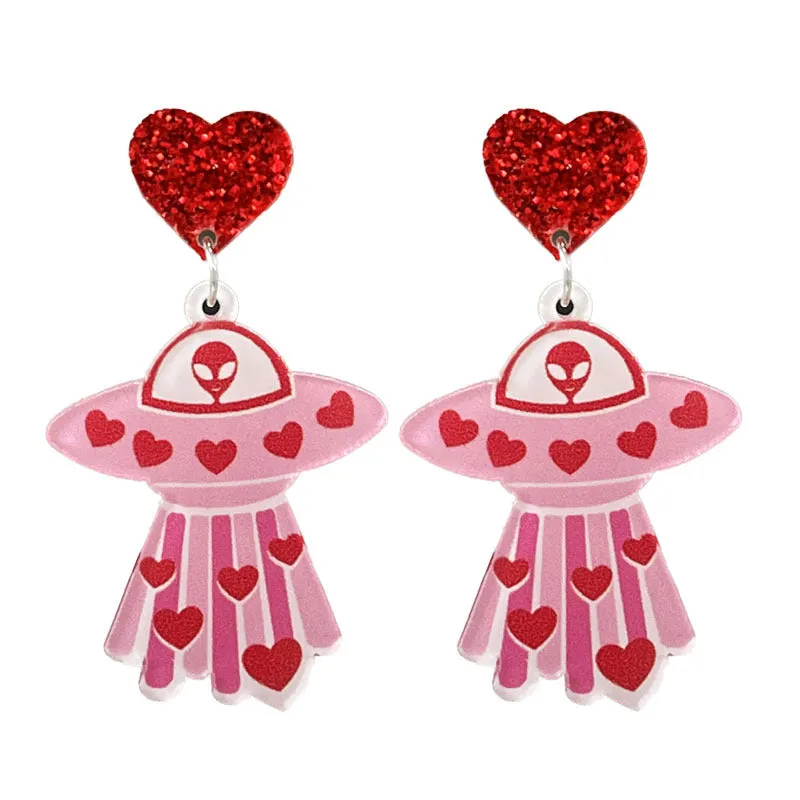 Wholesale 2pcs Valentine's Day Shiny Fun Retro Smiley Astronaut Spaceship Love Bow Earrings