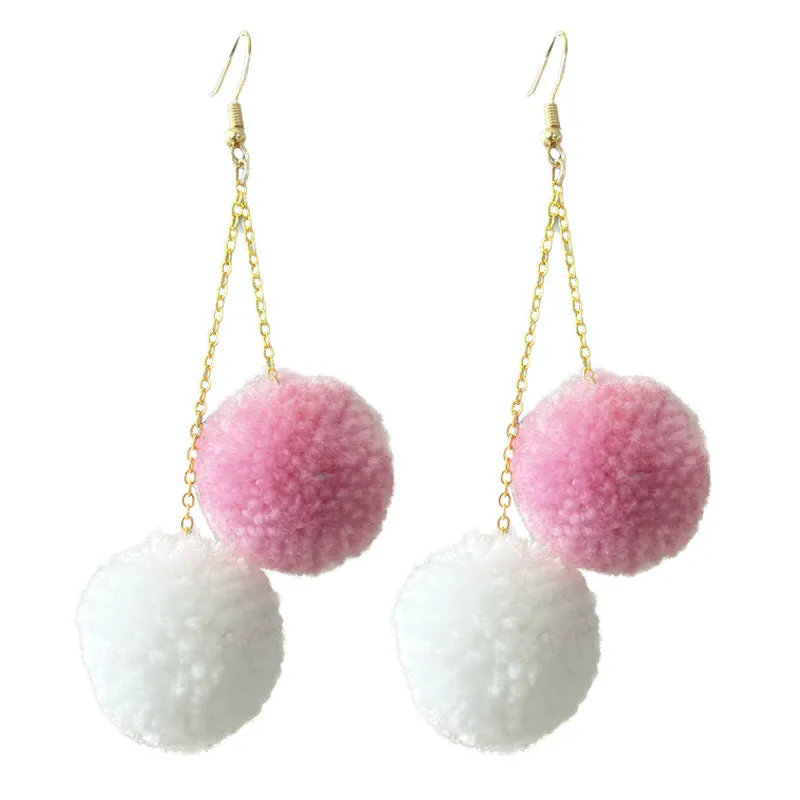 Wholesale 2pcs Valentine's Day Wool Ball Pink Chain Ball Color Matching Cute Autumn and Winter Earrings