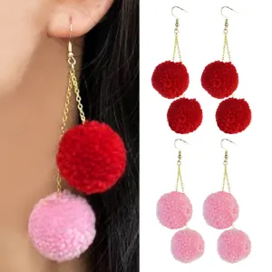 Wholesale 2pcs Valentine's Day Wool Ball Pink Chain Ball Color Matching Cute Autumn and Winter Earrings