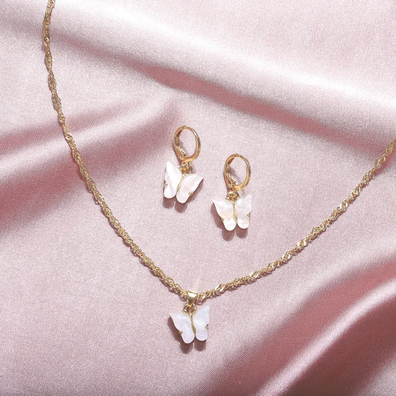 Wholesale 2pcs/pack Fashionable New Acrylic Butterfly Necklace Earrings Super Fairy Tassel Necklace Set