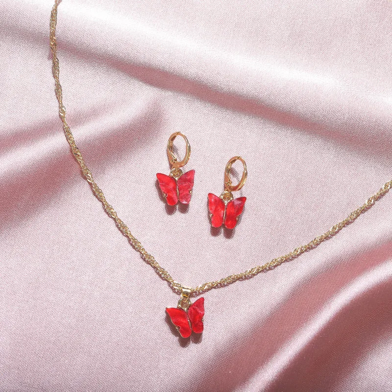 Wholesale 2pcs/pack Fashionable New Acrylic Butterfly Necklace Earrings Super Fairy Tassel Necklace Set