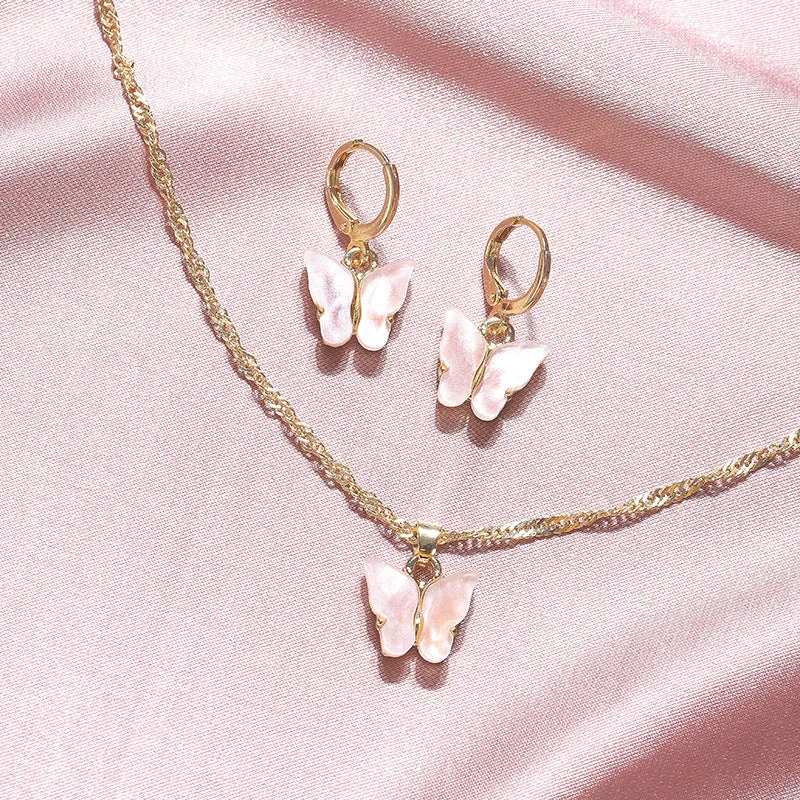 Wholesale 2pcs/pack Fashionable New Acrylic Butterfly Necklace Earrings Super Fairy Tassel Necklace Set