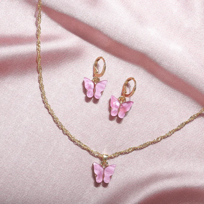 Wholesale 2pcs/pack Fashionable New Acrylic Butterfly Necklace Earrings Super Fairy Tassel Necklace Set