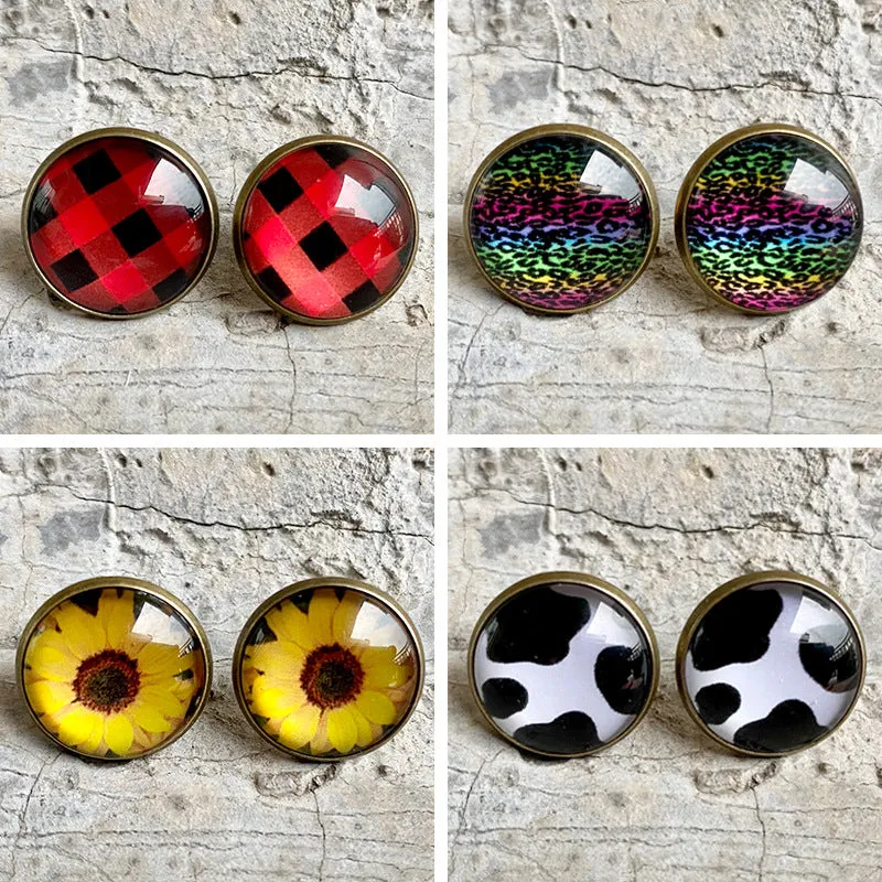 Wholesale 3 Pairs/pack Christmas Plaid Leopard Print Cow Pattern Glass Stud Earrings