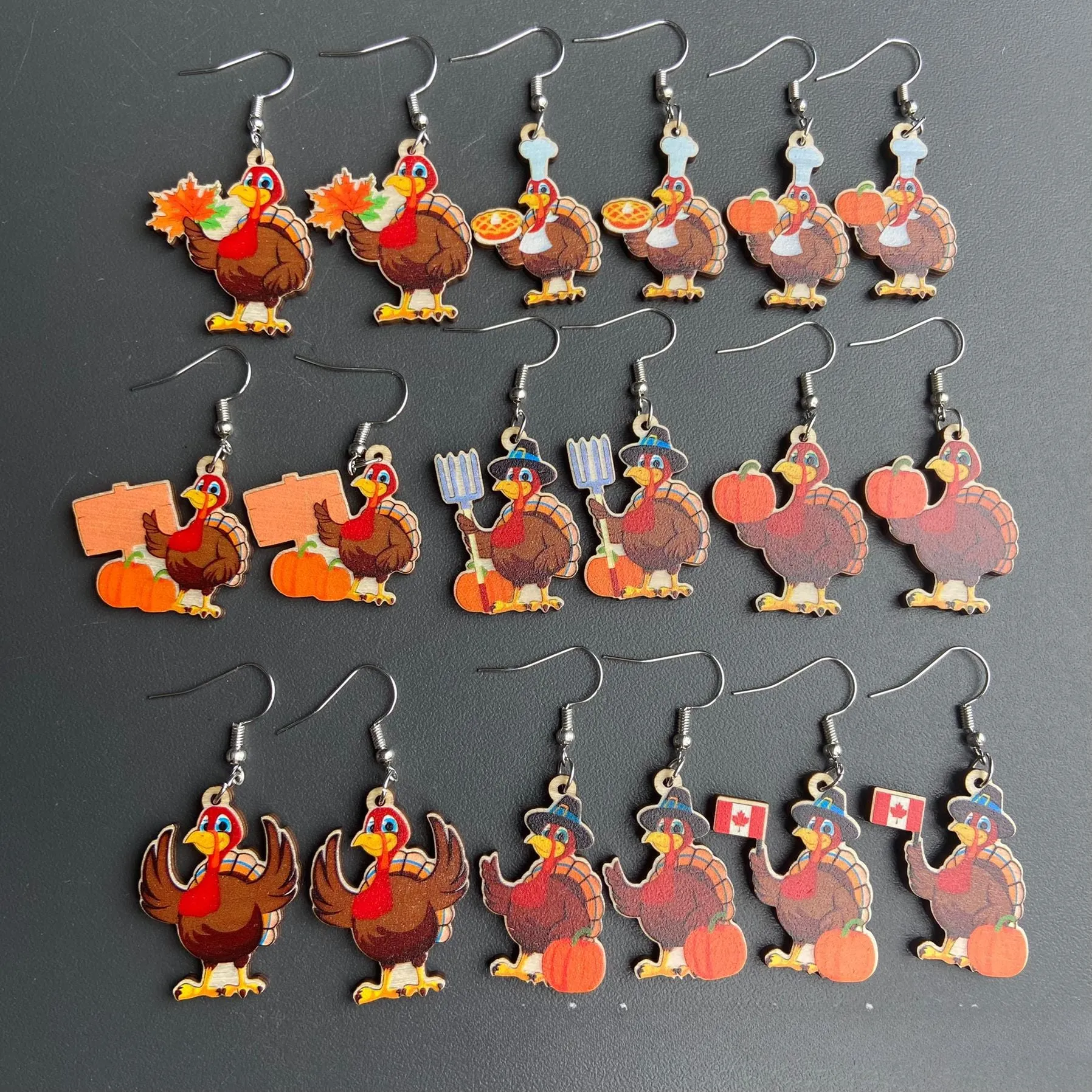 Wholesale 30pcs Thanksgiving Turkey Wooden Earrings Autumn Pizza Turkey Pumpkin Maple Leaf Chinese Restaurant Pendant