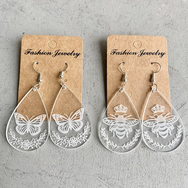 Wholesale 3pcs Transparent Acrylic Water Drop Bee Butterfly Laser Marking Popular Personality Earrings
