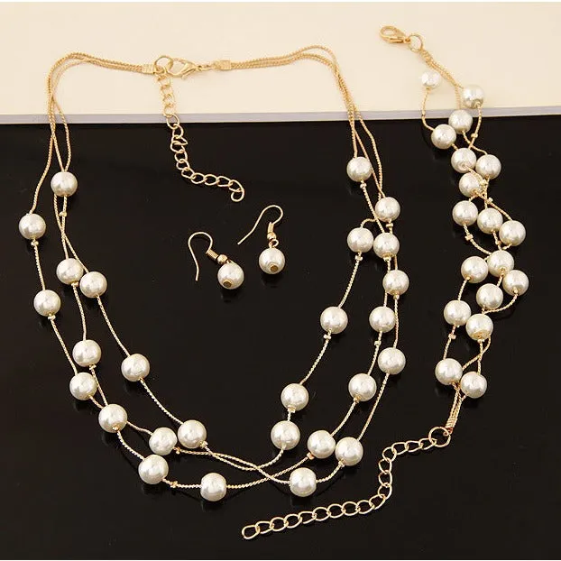 Wholesale 3pcs/pack Fashionable Sweet Pearl Multi-layered Temperament Necklace Earrings Bracelet Set