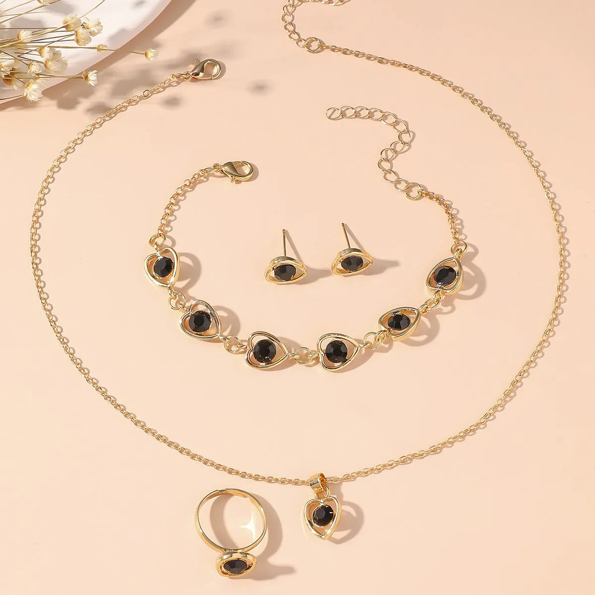 Wholesale 4pcs/pack Popular Hollow Love Earrings, Bracelets, Necklaces, Rings Jewelry