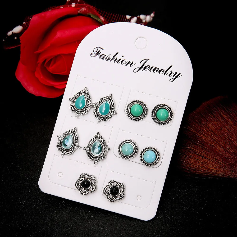 Wholesale 5 pairs of blue turquoise gemstone bohemian earrings