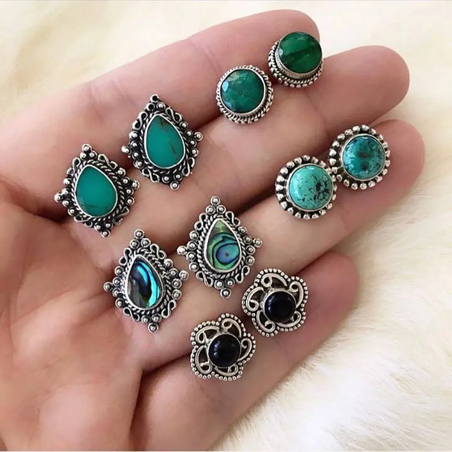 Wholesale 5 pairs of blue turquoise gemstone bohemian earrings