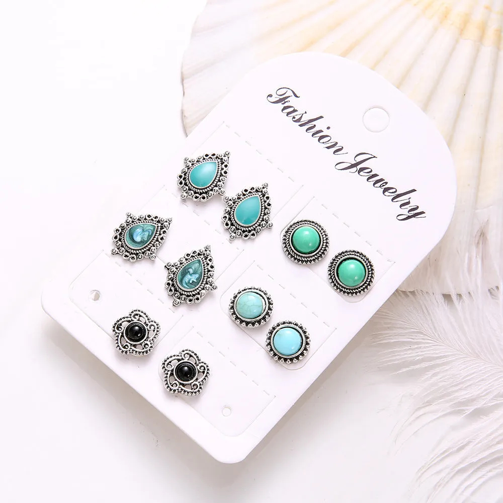 Wholesale 5 pairs of blue turquoise gemstone bohemian earrings