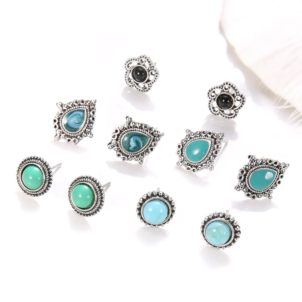 Wholesale 5 pairs of blue turquoise gemstone bohemian earrings