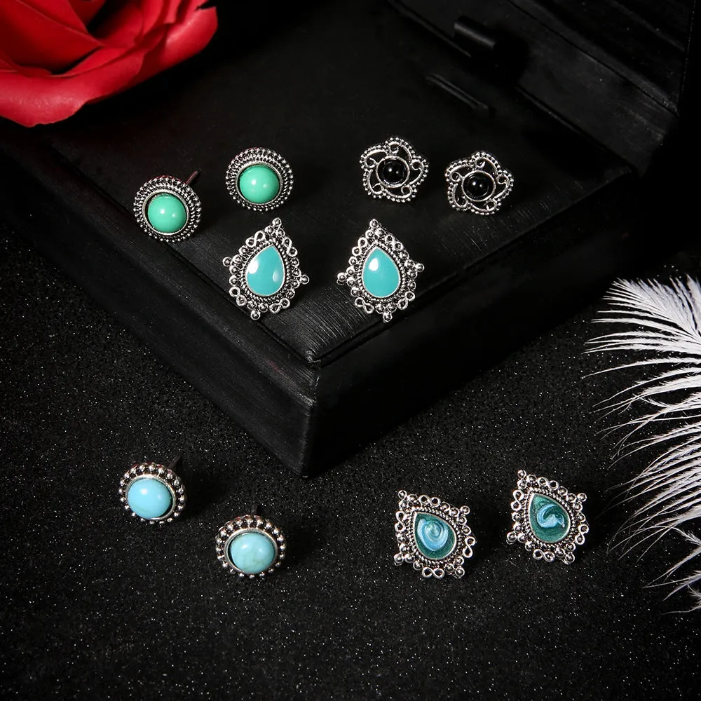 Wholesale 5 pairs of blue turquoise gemstone bohemian earrings
