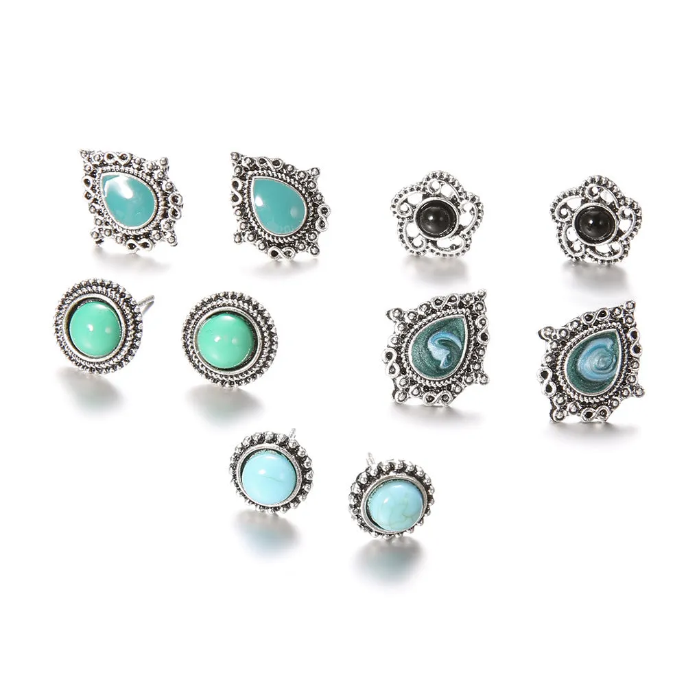 Wholesale 5 pairs of blue turquoise gemstone bohemian earrings