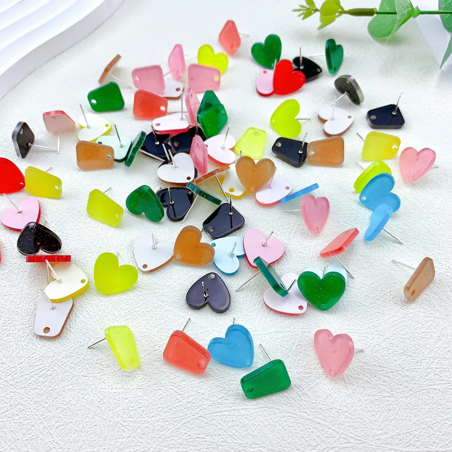 Wholesale 50PCS Handmade DIY Acrylic Fine Glitter Heart Trapezoid Colorful 925 Silver Needle Hole Earrings