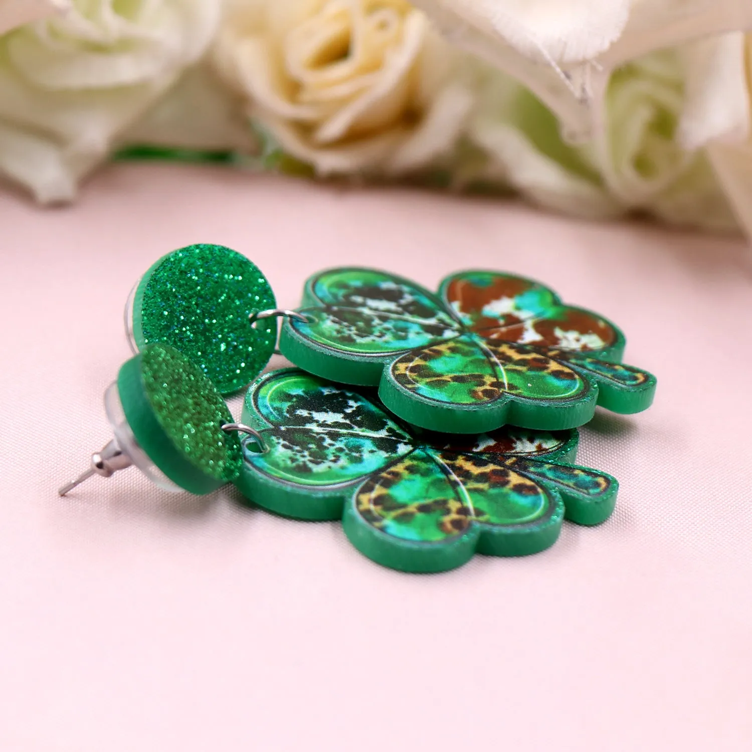 Wholesale 5pcs/pack Clover Milk Leopard Print Acrylic Earrings