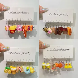 Wholesale 5pcs/pack Funny Food Play Donut Fries Artificial Fruit Orange Pineapple Cute Pie Creative Earrings Set