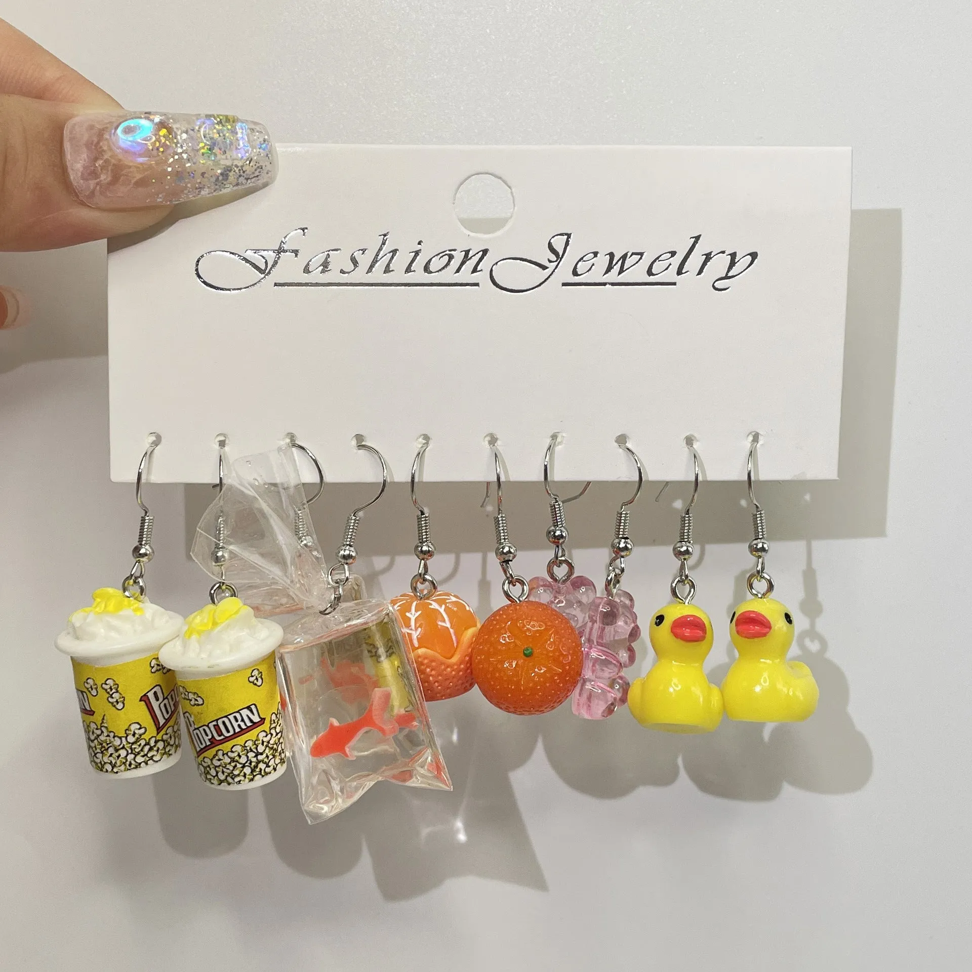 Wholesale 5pcs/pack Funny Food Play Donut Fries Artificial Fruit Orange Pineapple Cute Pie Creative Earrings Set
