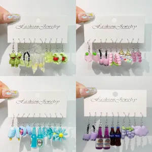 Wholesale 5pcs/pack Funny Frog Goldfish Simulated Food Play Cake Grape Peach Daisy Creative Earring Set