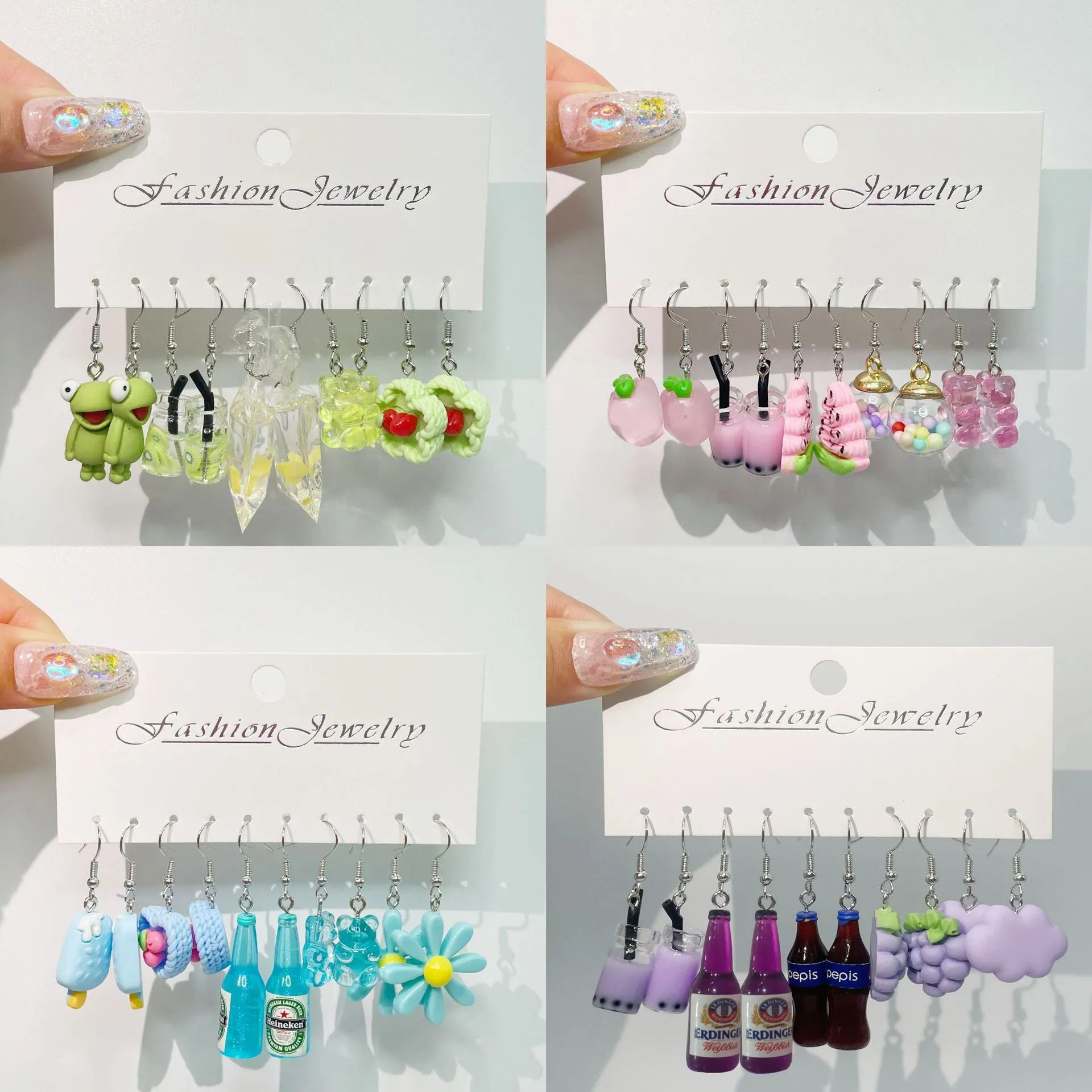 Wholesale 5pcs/pack Funny Frog Goldfish Simulated Food Play Cake Grape Peach Daisy Creative Earring Set